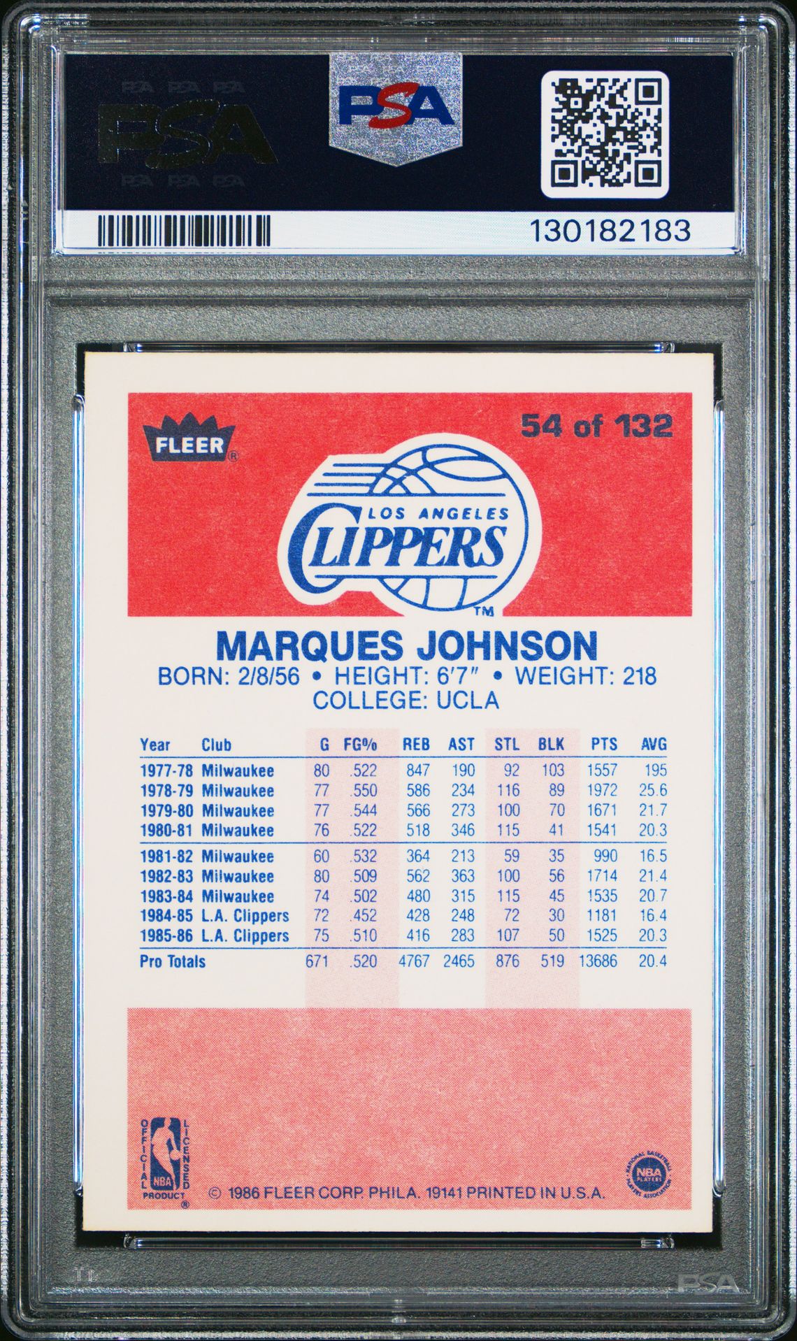 1986 Fleer Marques Johnson #54 Nm 7 back