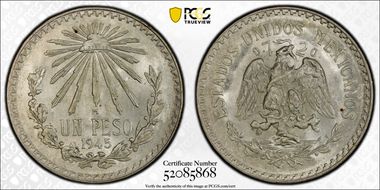 1945-M Peso KM-455 Ag MS65