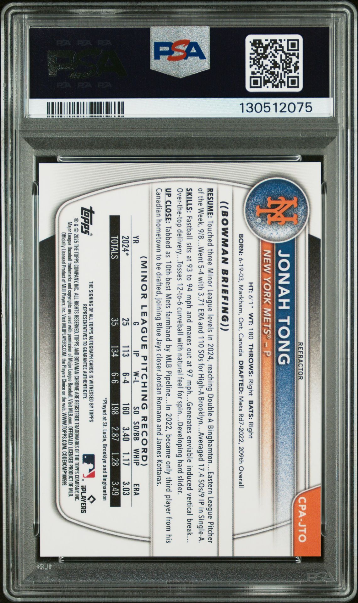 2025 Bowman Chrome Prospect Autographs Jonah Tong #Cpajto (Chr Pros Auto-Ref) N0: Authentic back