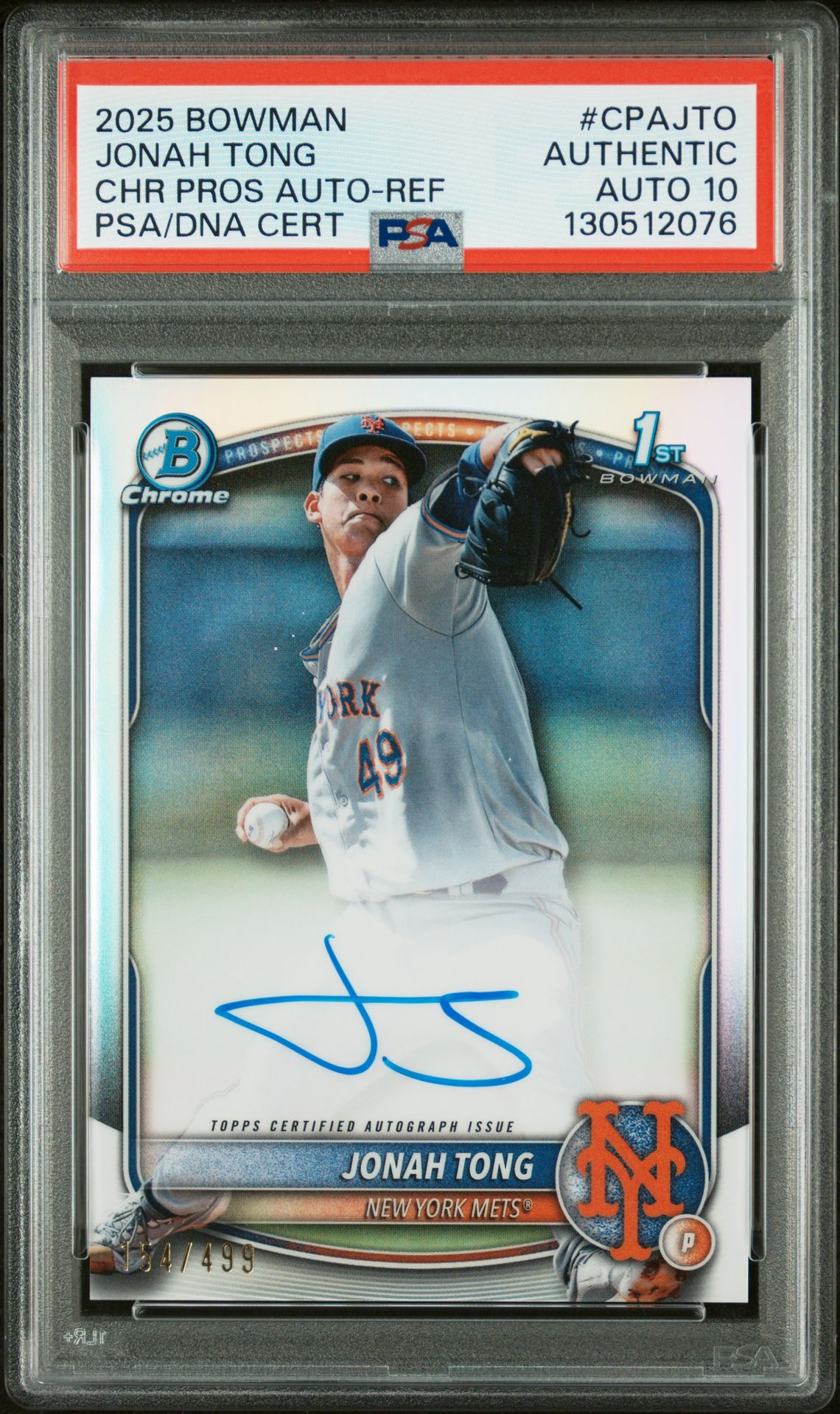 2025 Bowman Chrome Prospect Autographs Jonah Tong #Cpajto (Chr Pros Auto-Ref) N0: Authentic front