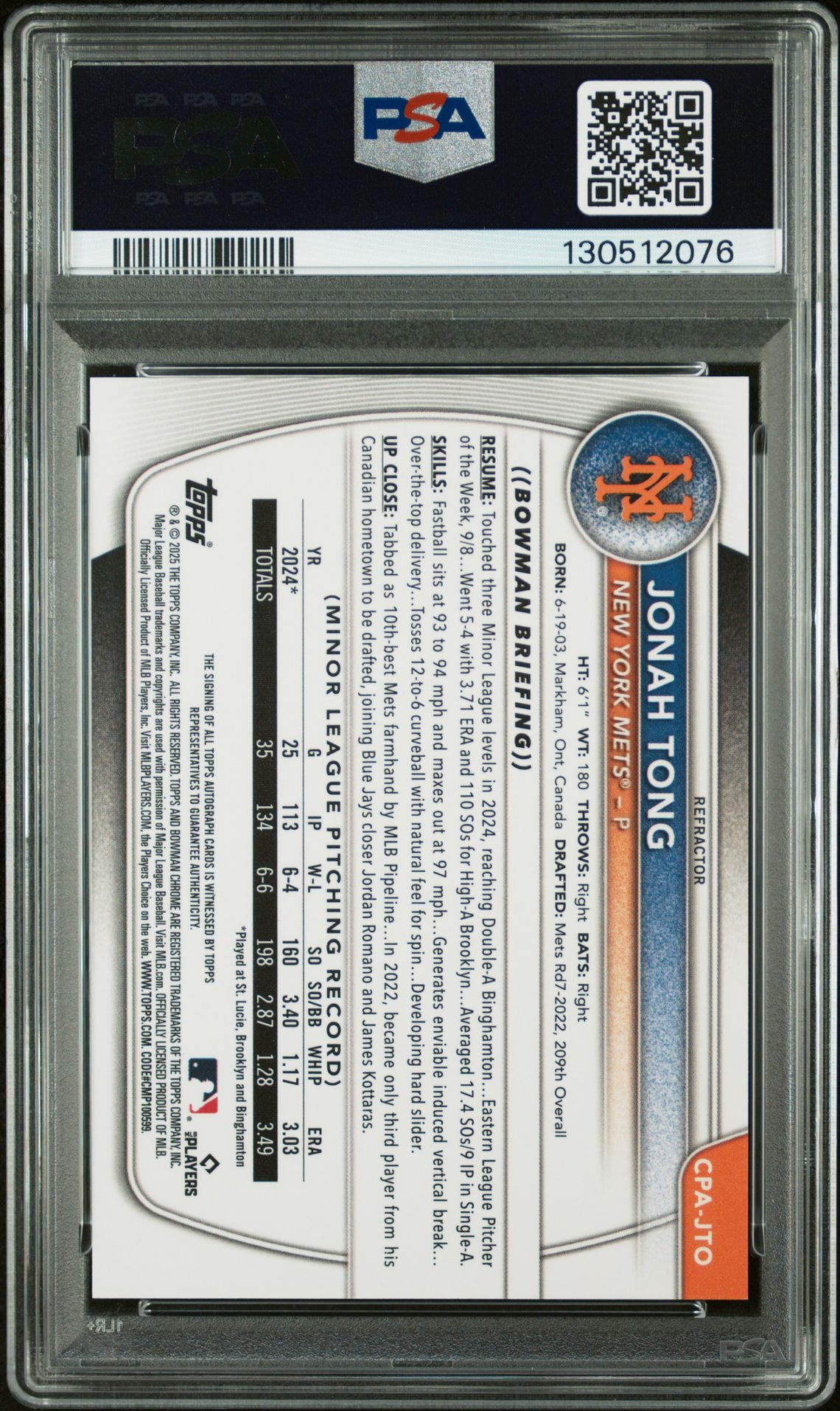 2025 Bowman Chrome Prospect Autographs Jonah Tong #Cpajto (Chr Pros Auto-Ref) N0: Authentic back