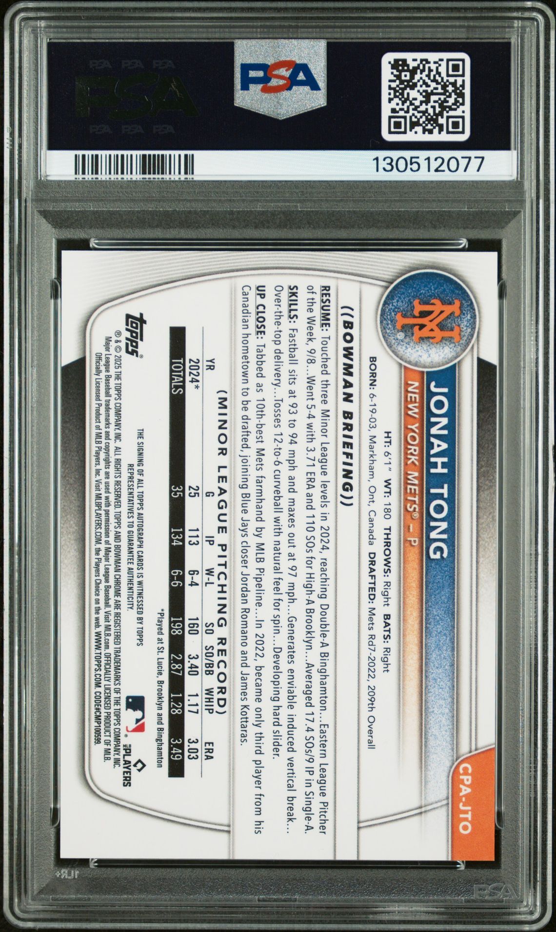 2025 Bowman Chrome Prospect Autographs Jonah Tong #Cpajto (Ch Prs Au-Blu X-Frctr) N0: Authentic back