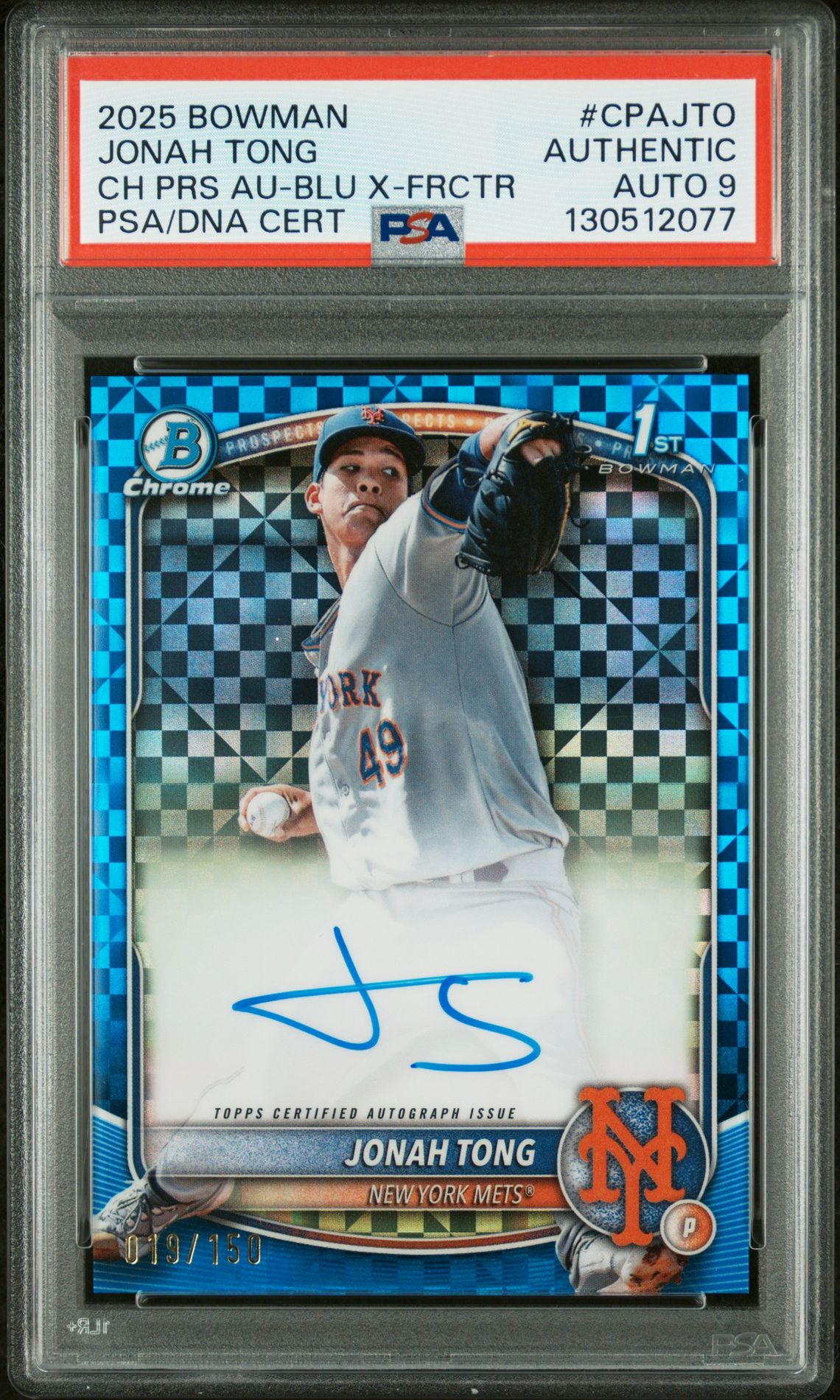 2025 Bowman Chrome Prospect Autographs Jonah Tong #Cpajto (Ch Prs Au-Blu X-Frctr) N0: Authentic front