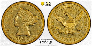 1844-D $5 AU50