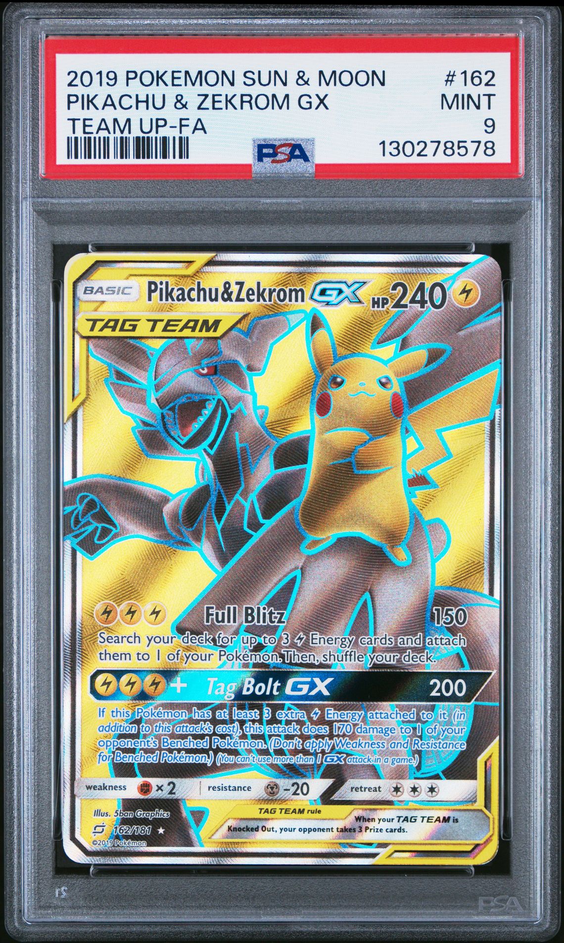 2019 Pokemon POKEMON SUN & MOON TEAM UP FA #162 Pikachu & Zekrom Gx front