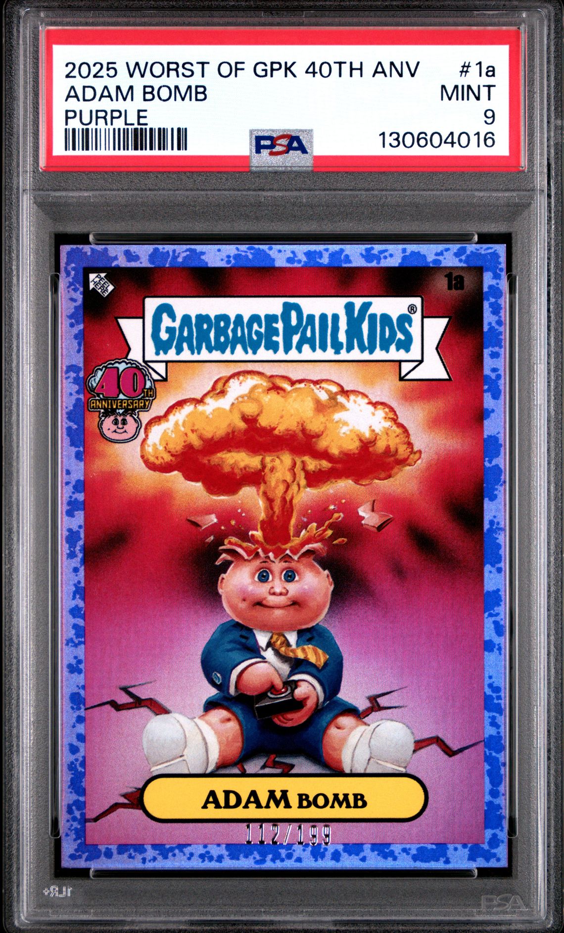 2025 Topps WORST OF GARBAGE PAIL KIDS 40TH ANNIVERSARY PURPLE #1A Adam Bomb front