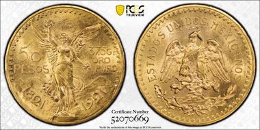 1921 50 Peso KM-481 Au MS62