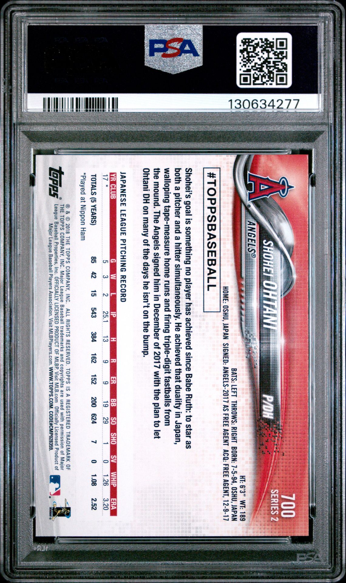 2018 Topps Shohei Ohtani #700 Mint 9 back