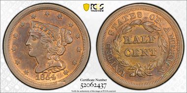 1854 1/2C MS63RB