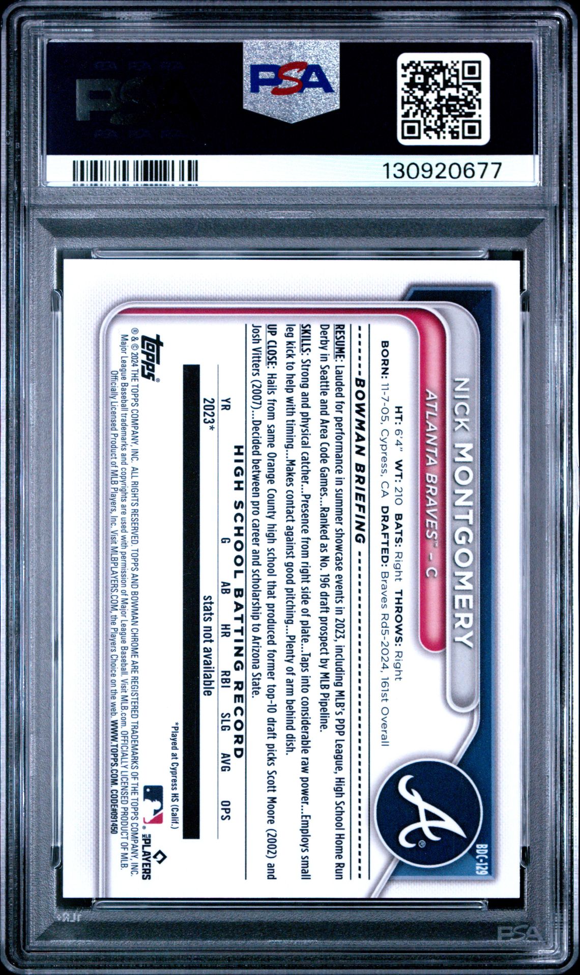 2024 Bowman Draft Sapphire Edition Nick Montgomery #Bdc129 (Orange) Gem Mt 10 back