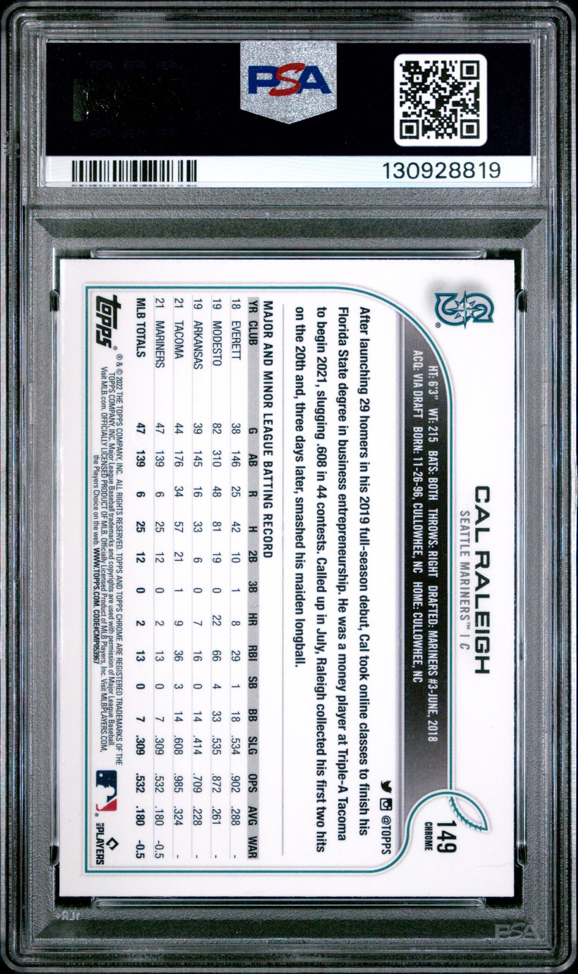 2022 Topps Chrome Cal Raleigh #149 (X-Fractor) Gem Mt 10 back