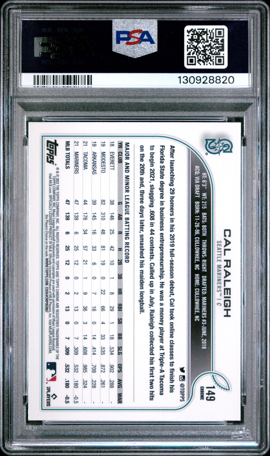 2022 Topps Chrome Cal Raleigh #149 (Prism Refractor) Gem Mt 10 back