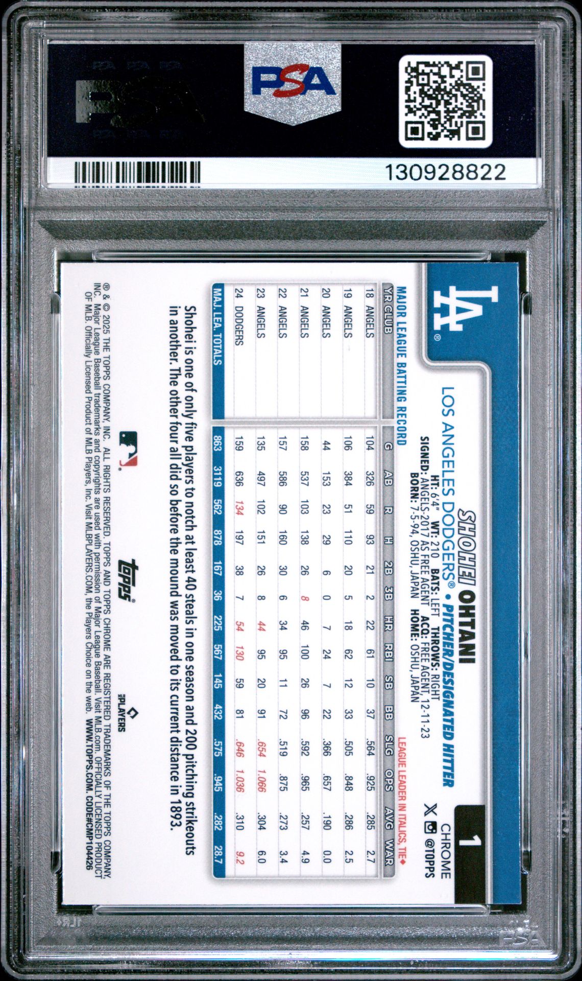 2025 Topps Chrome Shohei Ohtani #1 (Sepia Refractor) Gem Mt 10 back