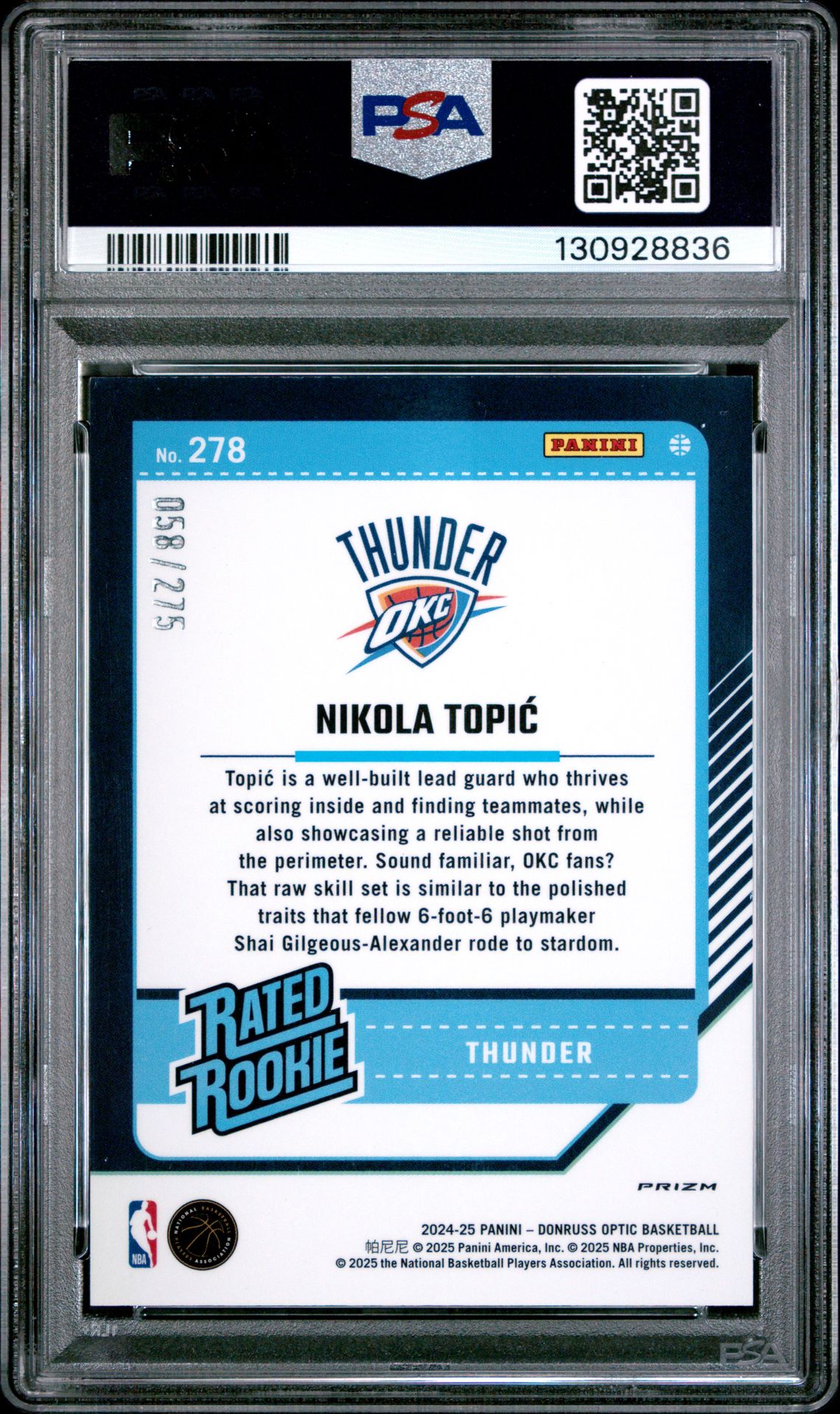 2024 Panini Donruss Optic Nikola Topic #278 (Pink Glitter) Gem Mt 10 back
