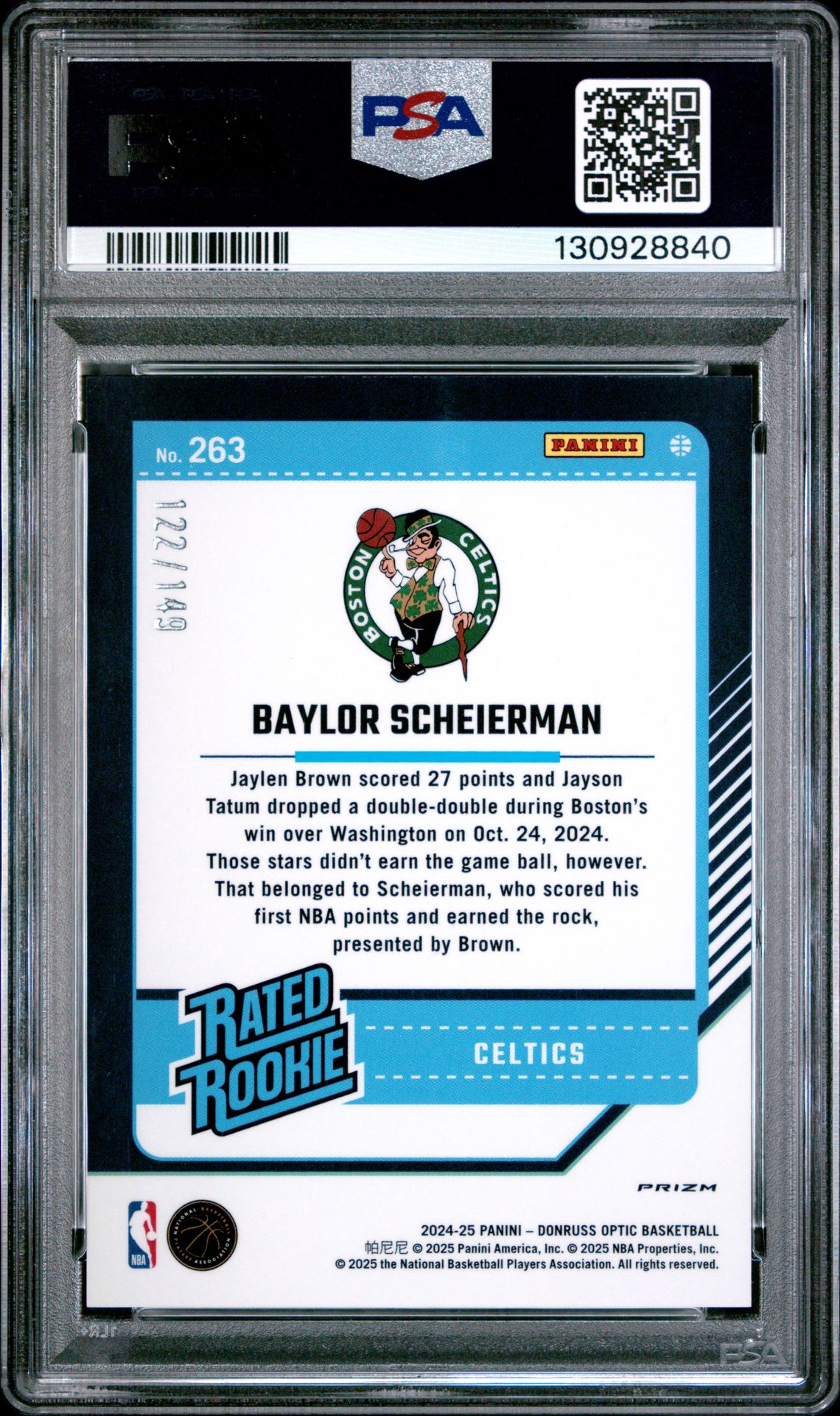 2024 Panini Donruss Optic Baylor Scheierman #263 (Lime Green) Gem Mt 10 back view - PSA certificate #130928840