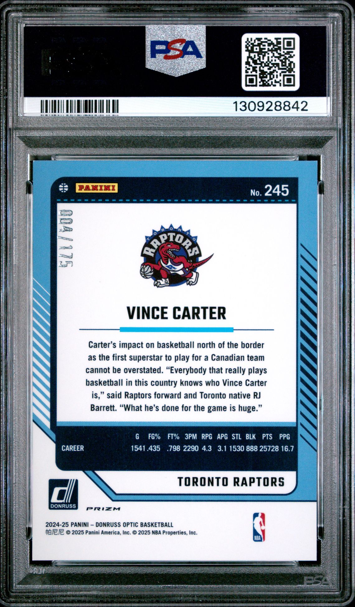 2024 Panini Donruss Optic Vince Carter #245 (Orange) Gem Mt 10 back