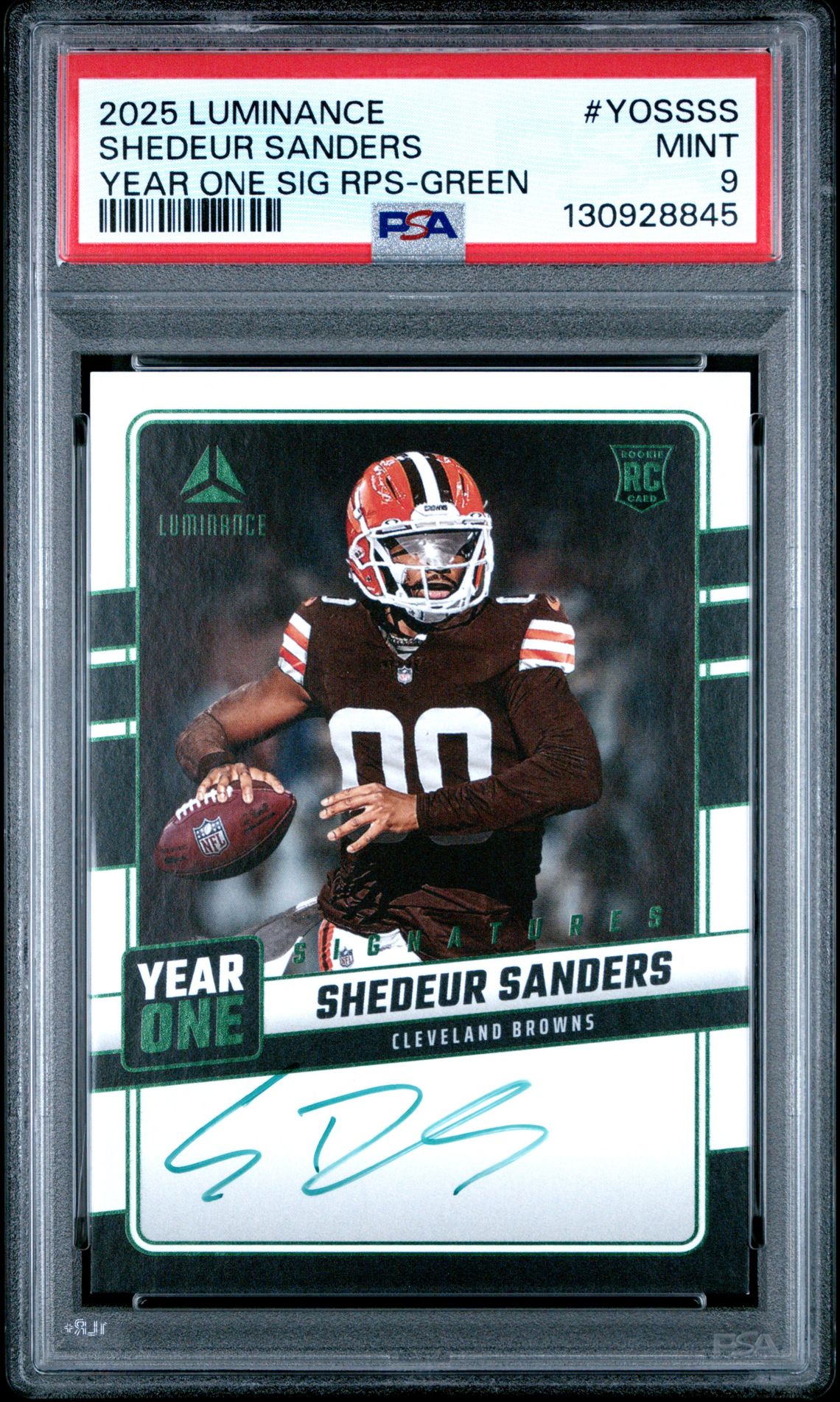 2025 Panini Luminance Year One Signatures Rps Shedeur Sanders #Yossss (Year One Sig Rps-Green) Mint 9 front
