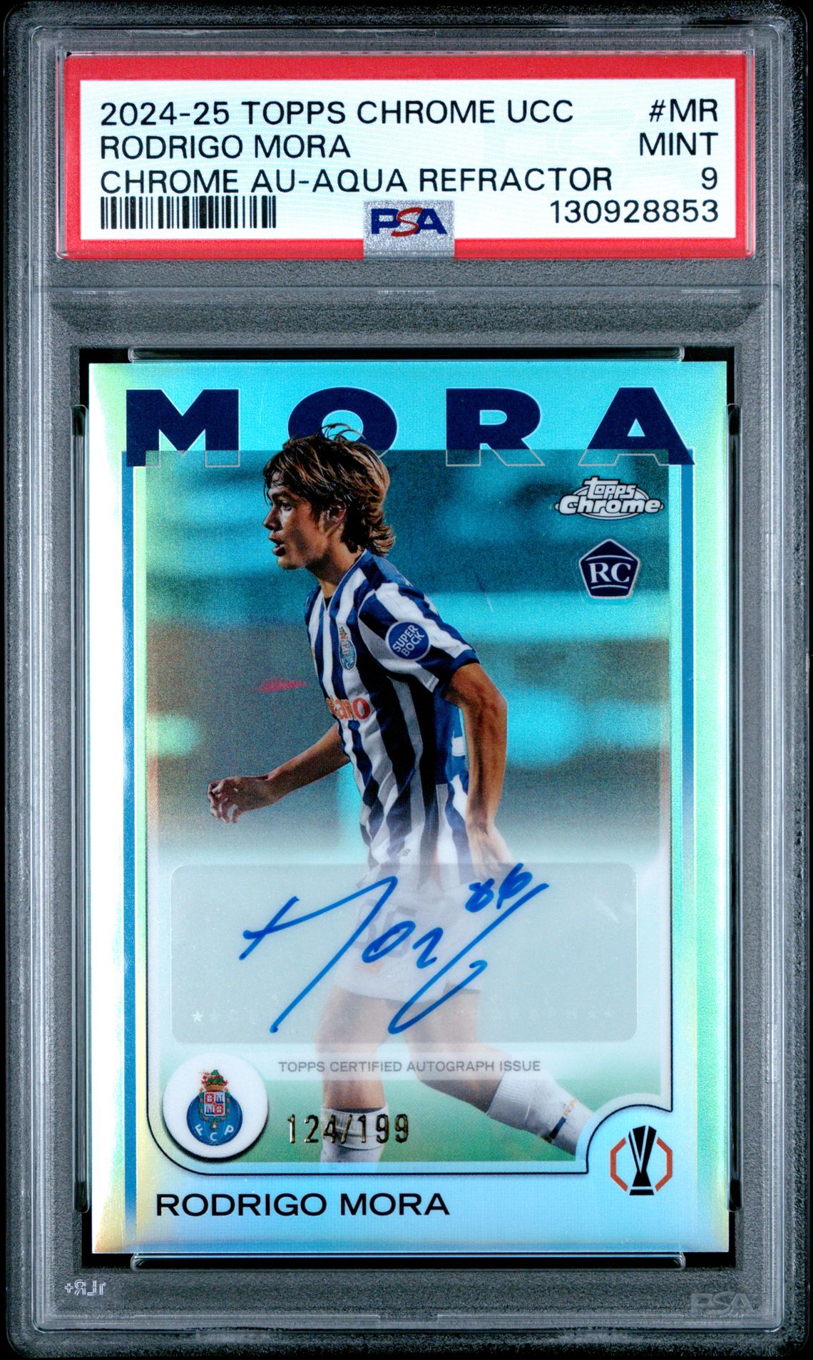 2024-25 Topps Chrome Uefa Club Competitions Chrome Autographs Rodrigo Mora #Mr (Chrome Au-Aqua Refractor) Mint 9 front
