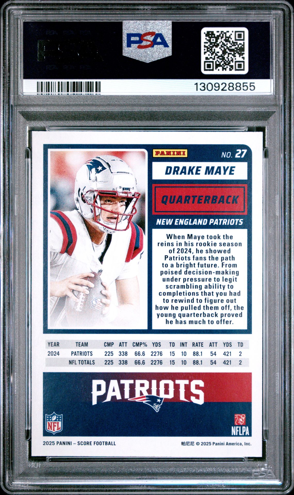 2025 Panini Score Drake Maye #27 (Green) Mint 9 back