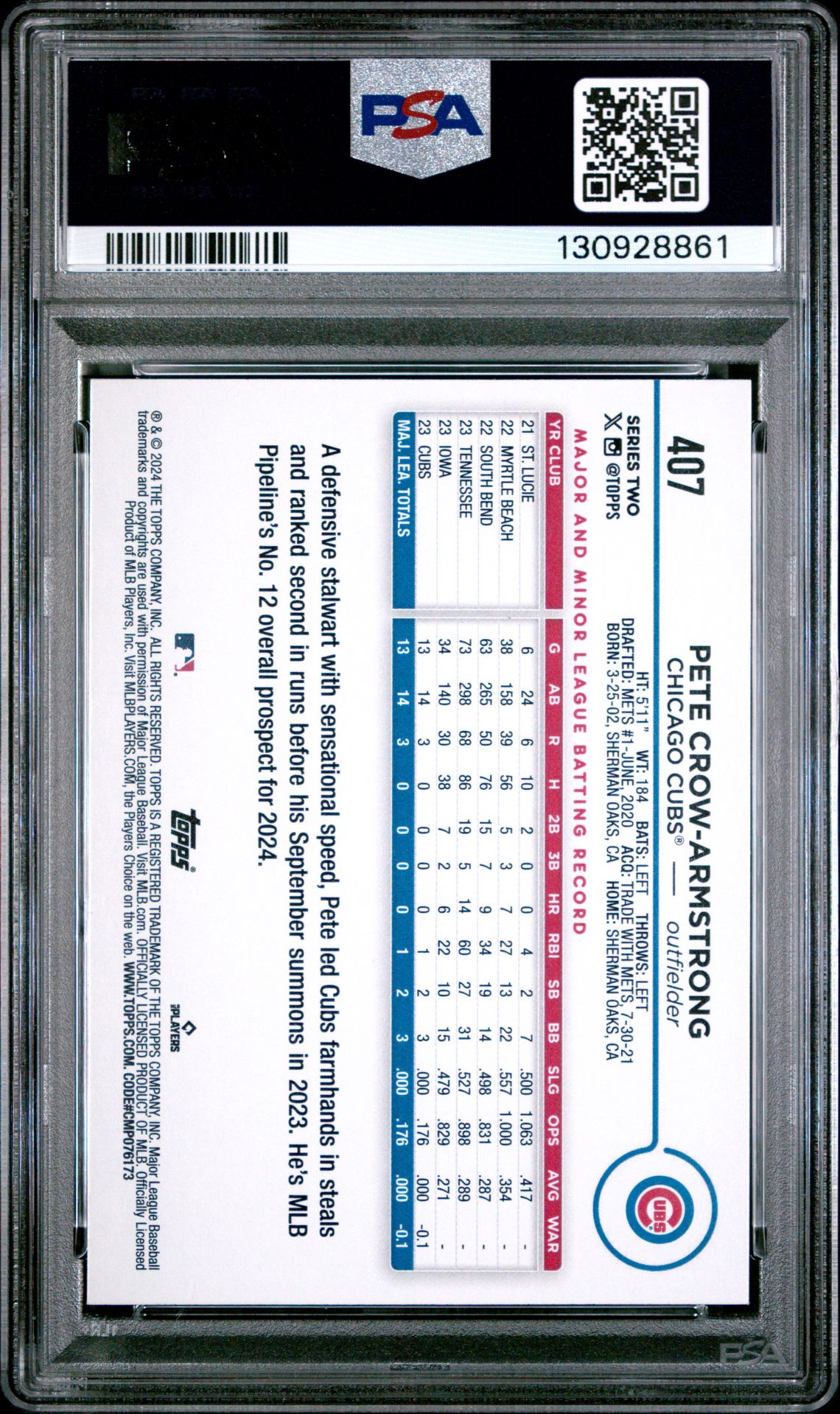 2024 Topps Pete Crow-Armstrong #407 (Yellow) Gem Mt 10 back