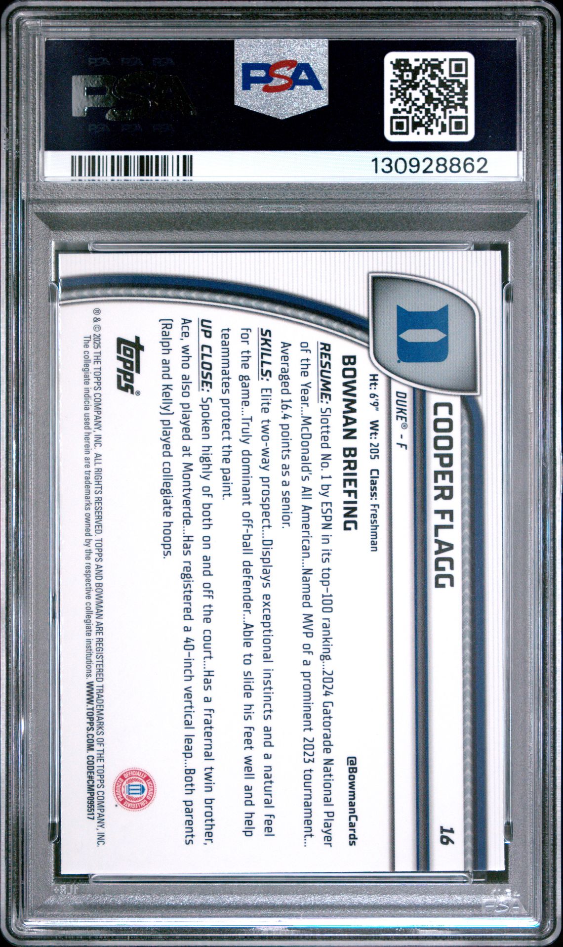 2024 Bowman Chrome University Cooper Flagg #16 (Sky Blue Refractor) Gem Mt 10 back