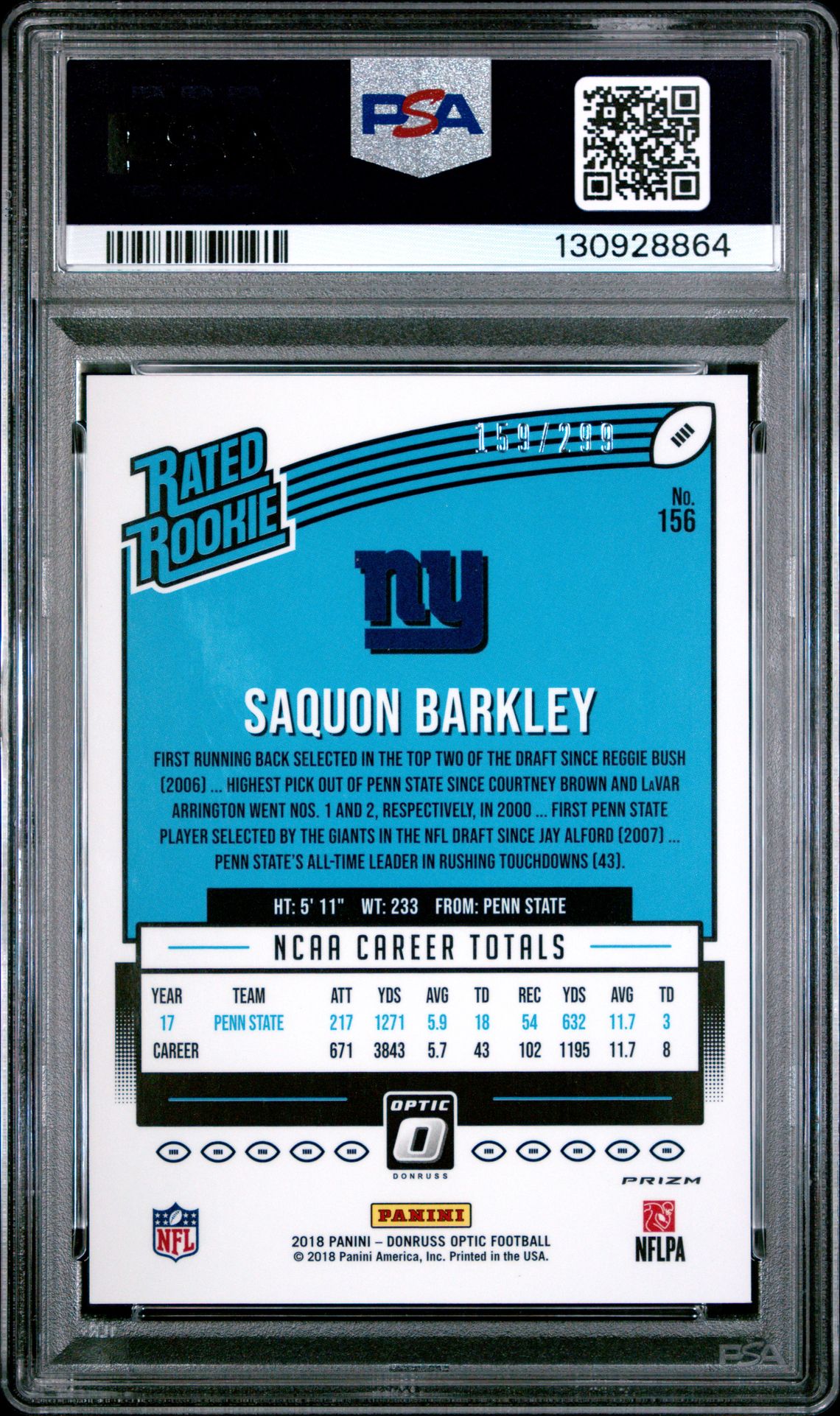 2018 Panini Donruss Optic Saquon Barkley #156 (Aqua) Mint 9 back