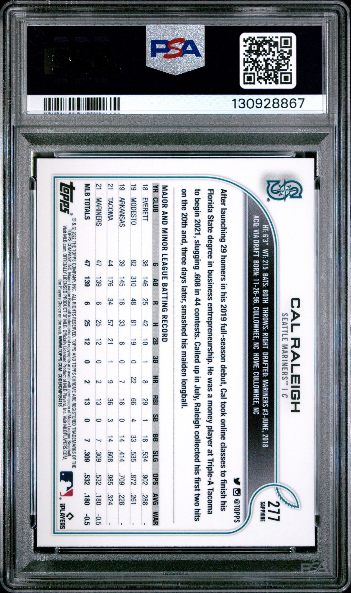 2022 Topps Chrome Sapphire Edition Cal Raleigh #277 (Sapphire Edition) Gem Mt 10 back