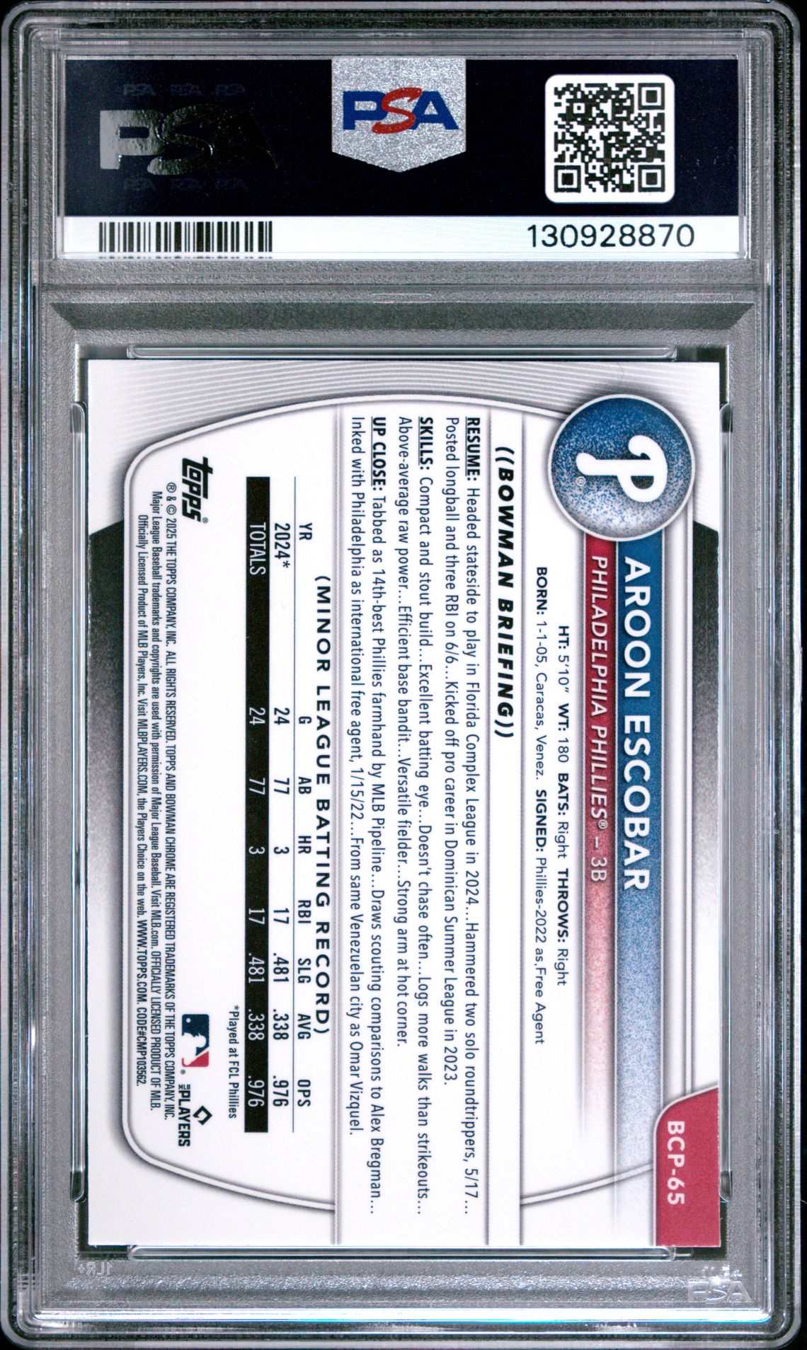 2025 Bowman Mega Box Chrome Prospects Aroon Escobar #65 Gem Mt 10 back