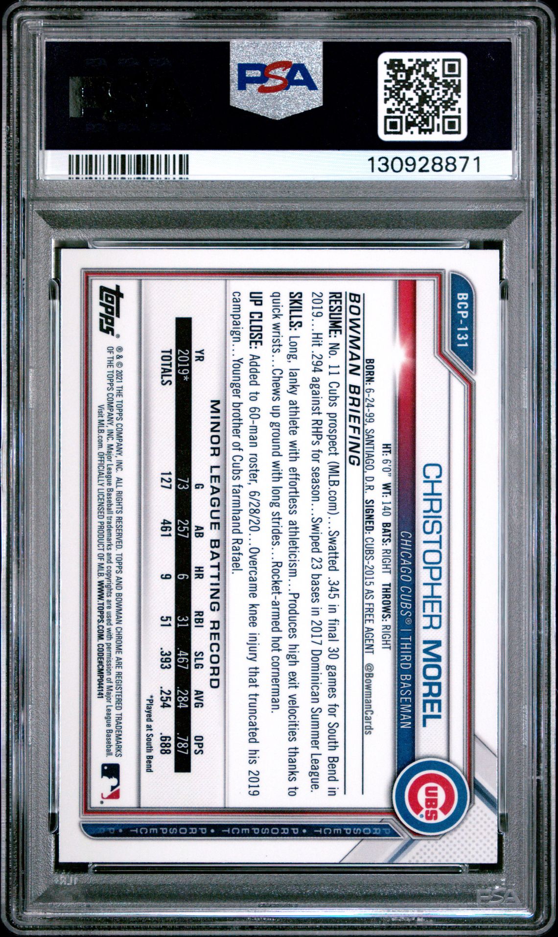 2021 Bowman Chrome Prospects Christopher Morel #Bcp131 (Chrome Prospects) Gem Mt 10 back