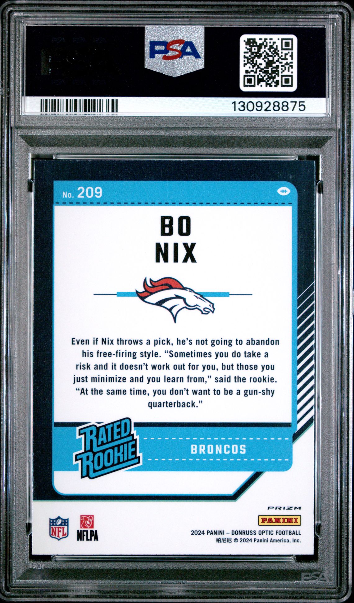 2024 Panini Donruss Optic Bo Nix #209 (Blue Hyper) Gem Mt 10 back