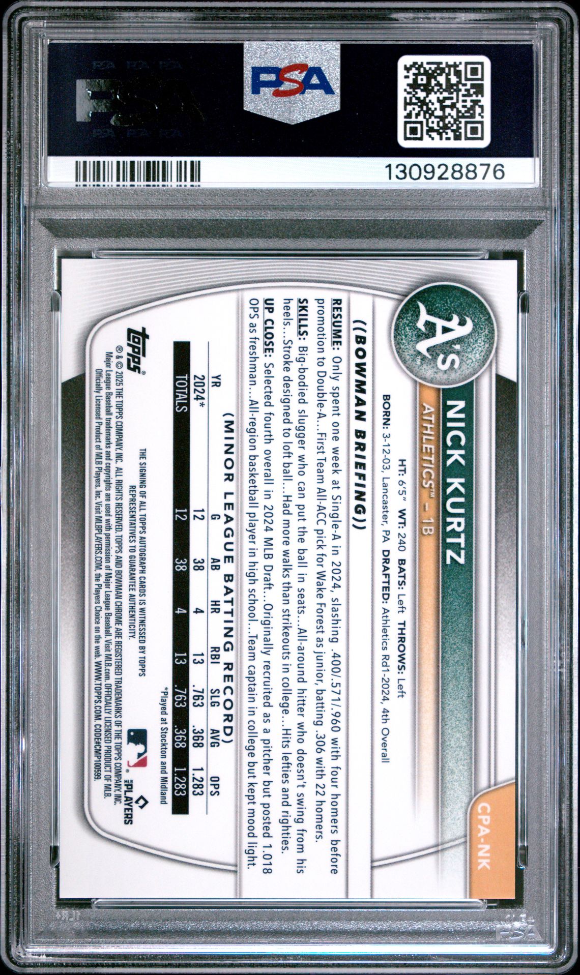 2025 Bowman Chrome Prospect Autographs Nick Kurtz #Cpank Mint 9 back