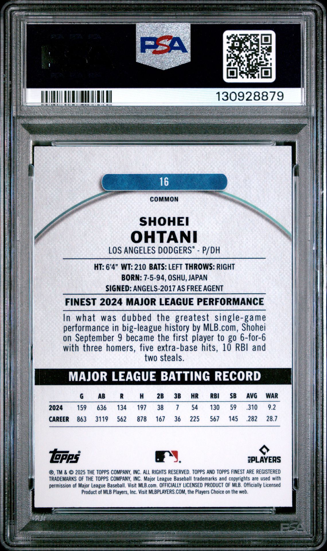 2025 Topps Finest Shohei Ohtani #16 (Purple Refractor) Mint 9 back