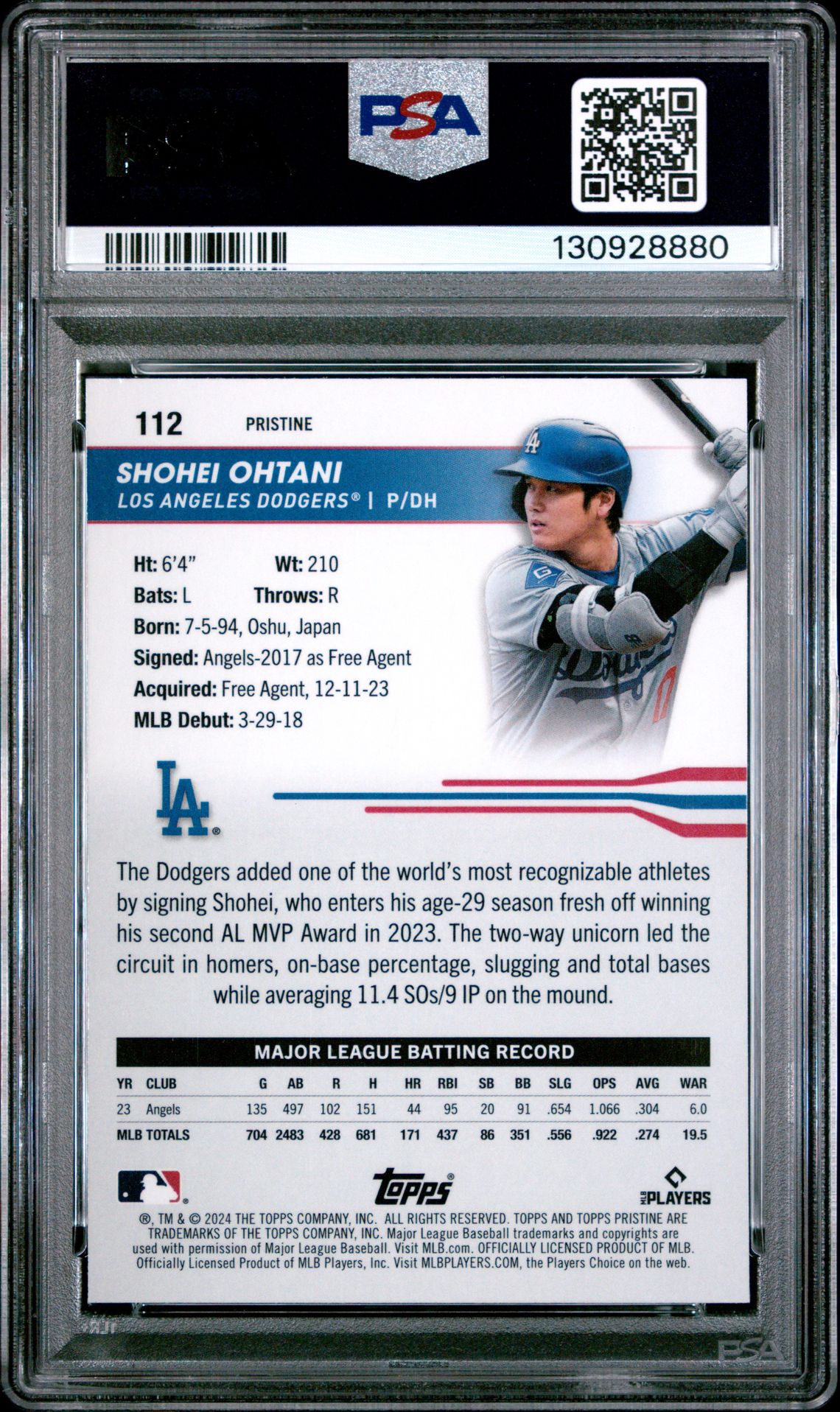 2024 Topps Pristine Shohei Ohtani #112 (Pristine Blue) Gem Mt 10 back