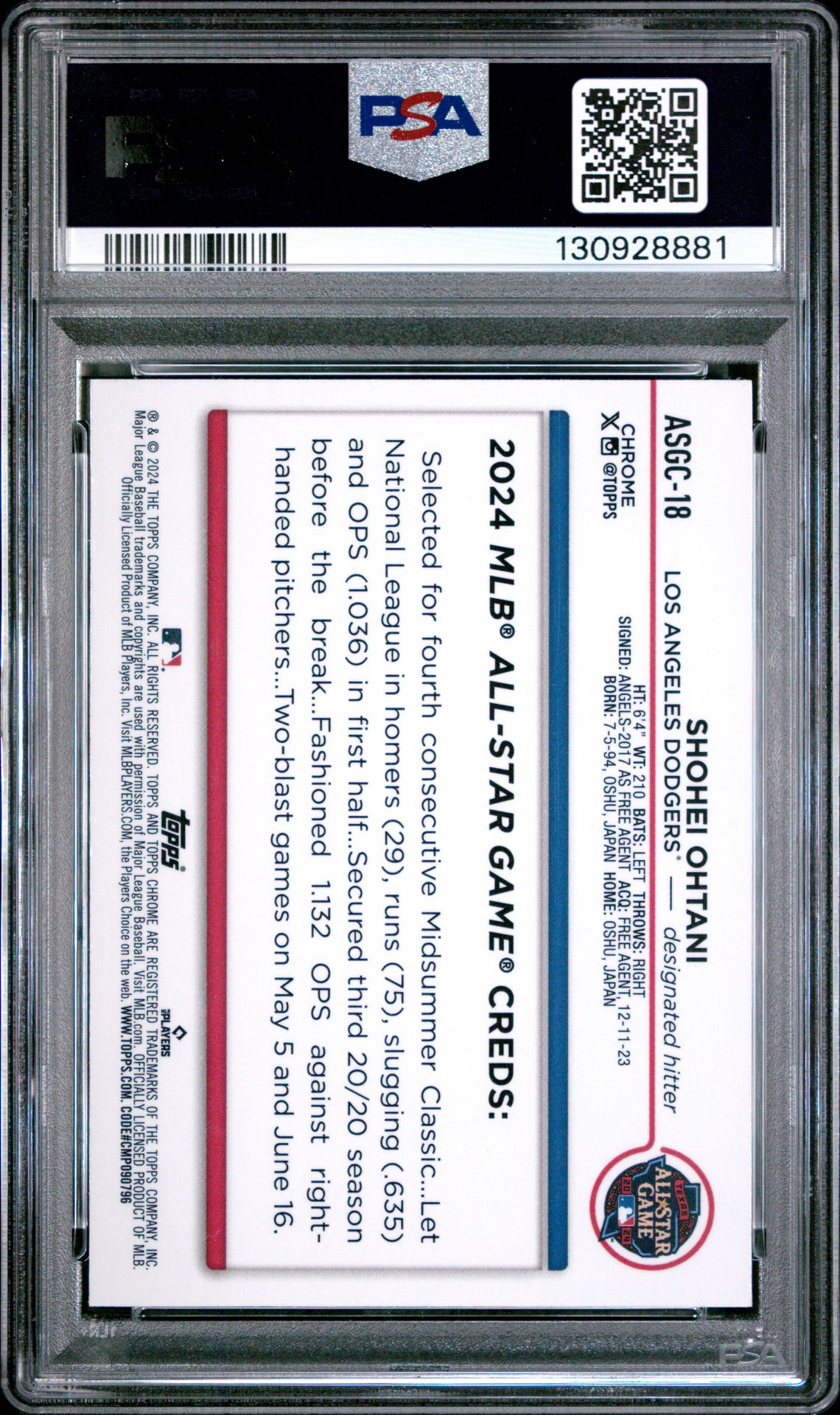 2024 Topps Chrome Update 2024 All-Star Game Chrome Shohei Ohtani #18 (2024 All-Star Game-Green Ref) Gem Mt 10 back