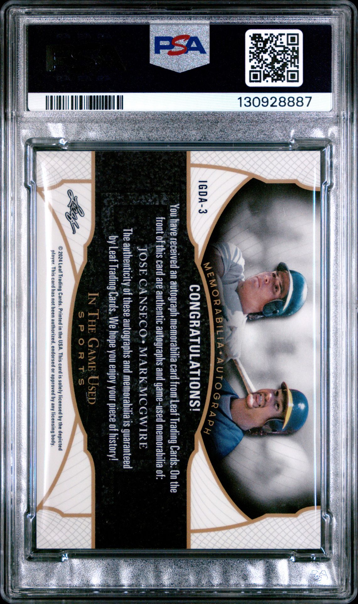 2024 Leaf In The Game Used Dual Autograph J.canseco/M.mcgwire #Igda3 (Dual Auto-Purple Holo) Nm 7 back