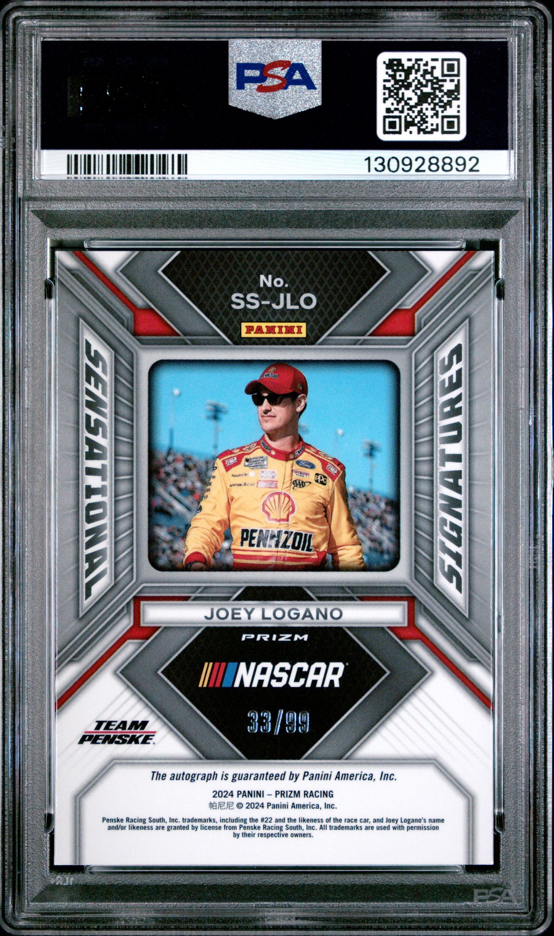 2024 Panini Prizm Nascar Sensational Signatures Joey Logano #Ssjlo (Sensational Sig-Red Prizm) Mint 9 back