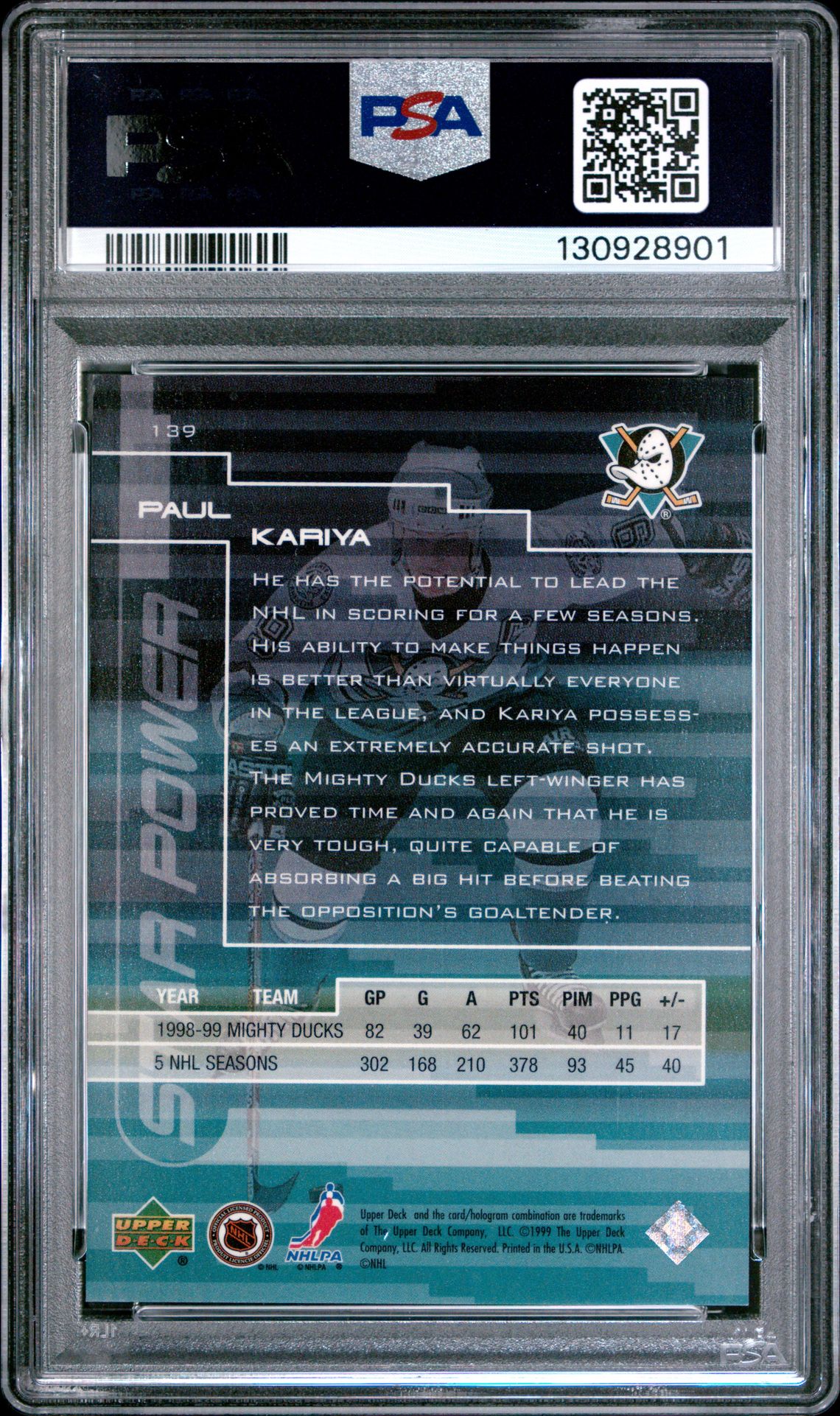 1999 Upper Deck Paul Kariya #139 (Exclusives) Nm-Mt 8 back