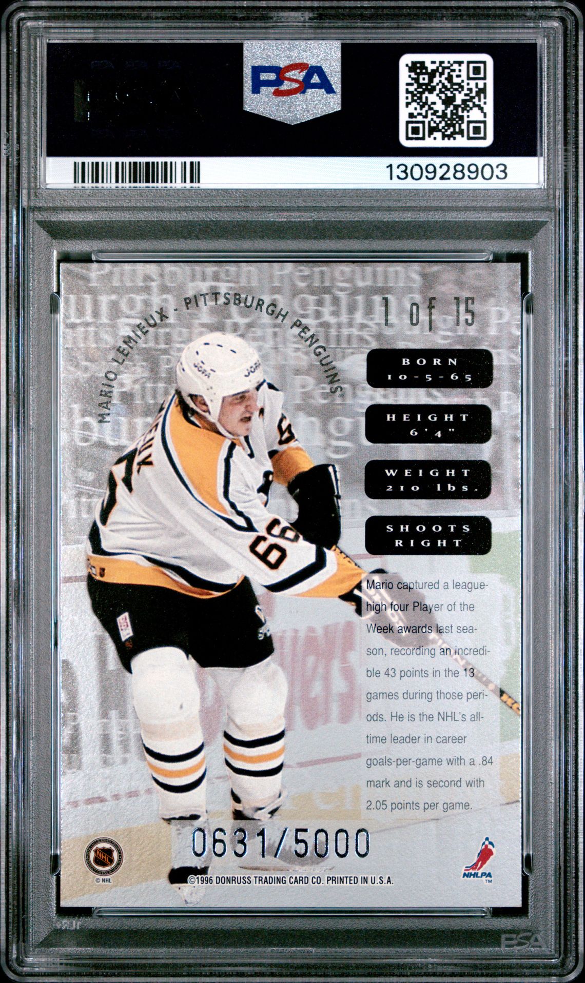 1996 Leaf Sweaters Away Mario Lemieux #1 Nm-Mt 8 back