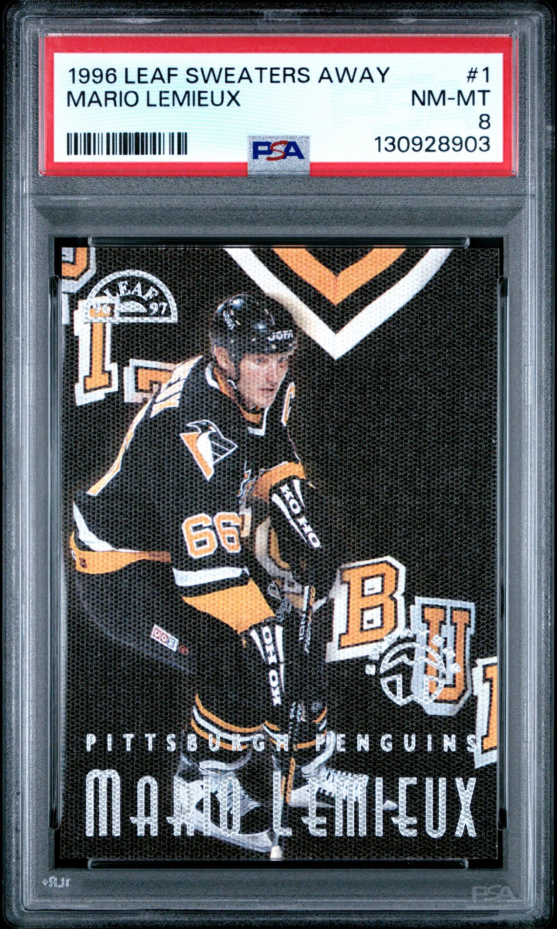 1996 Leaf Sweaters Away Mario Lemieux #1 Nm-Mt 8 front