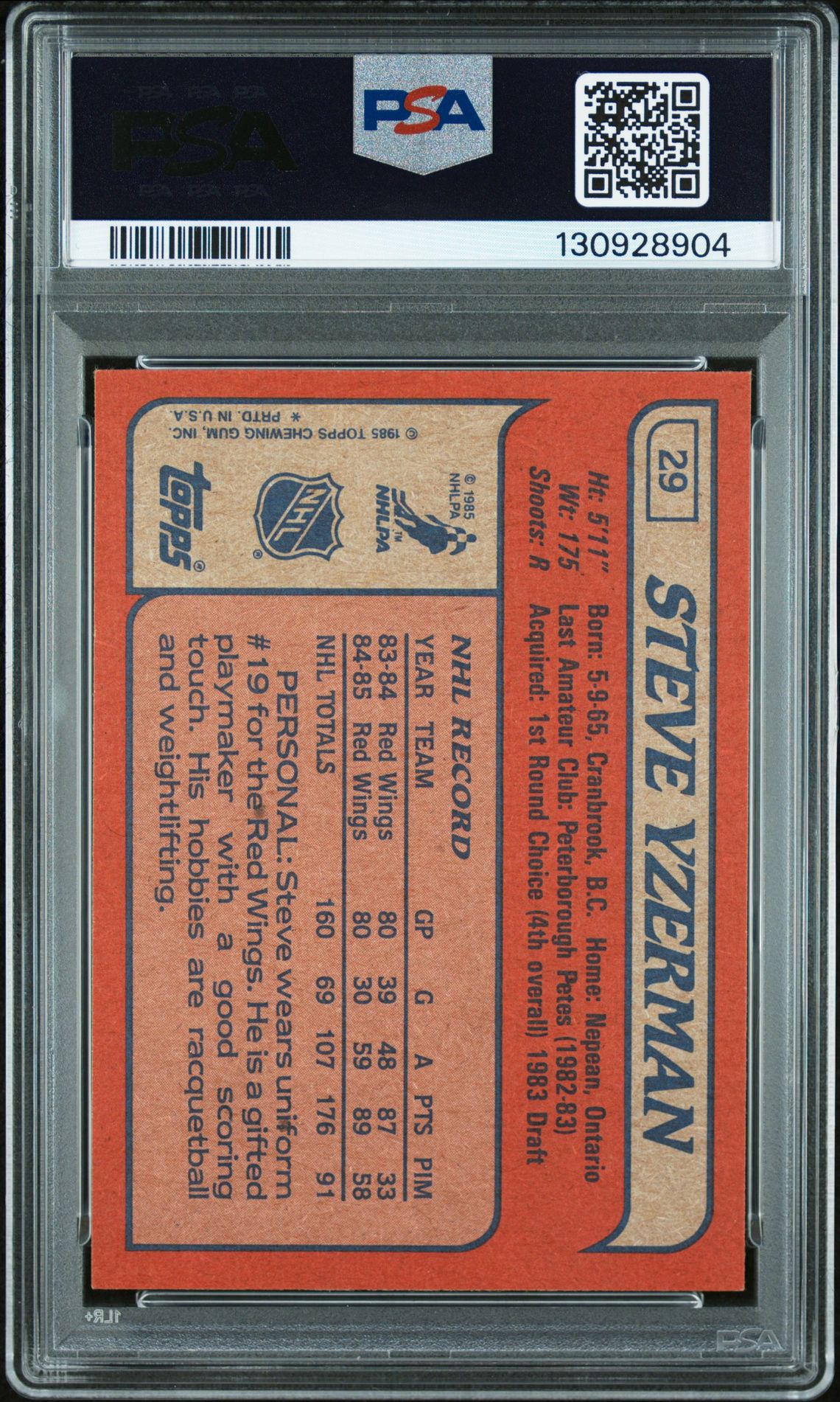 1985 Topps Steve Yzerman #29 Nm-Mt 8 back