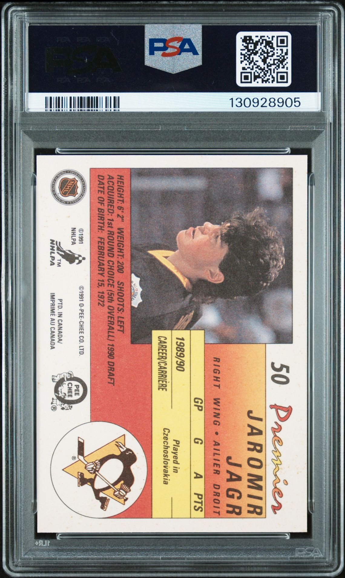 1990 O-Pee-Chee Premier Jaromir Jagr #50 Nm-Mt 8 back