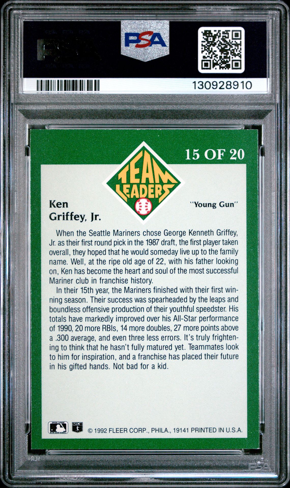 1992 Fleer Team Leaders Ken Griffey Jr. #15 (Team Leaders) Nm-Mt 8 back