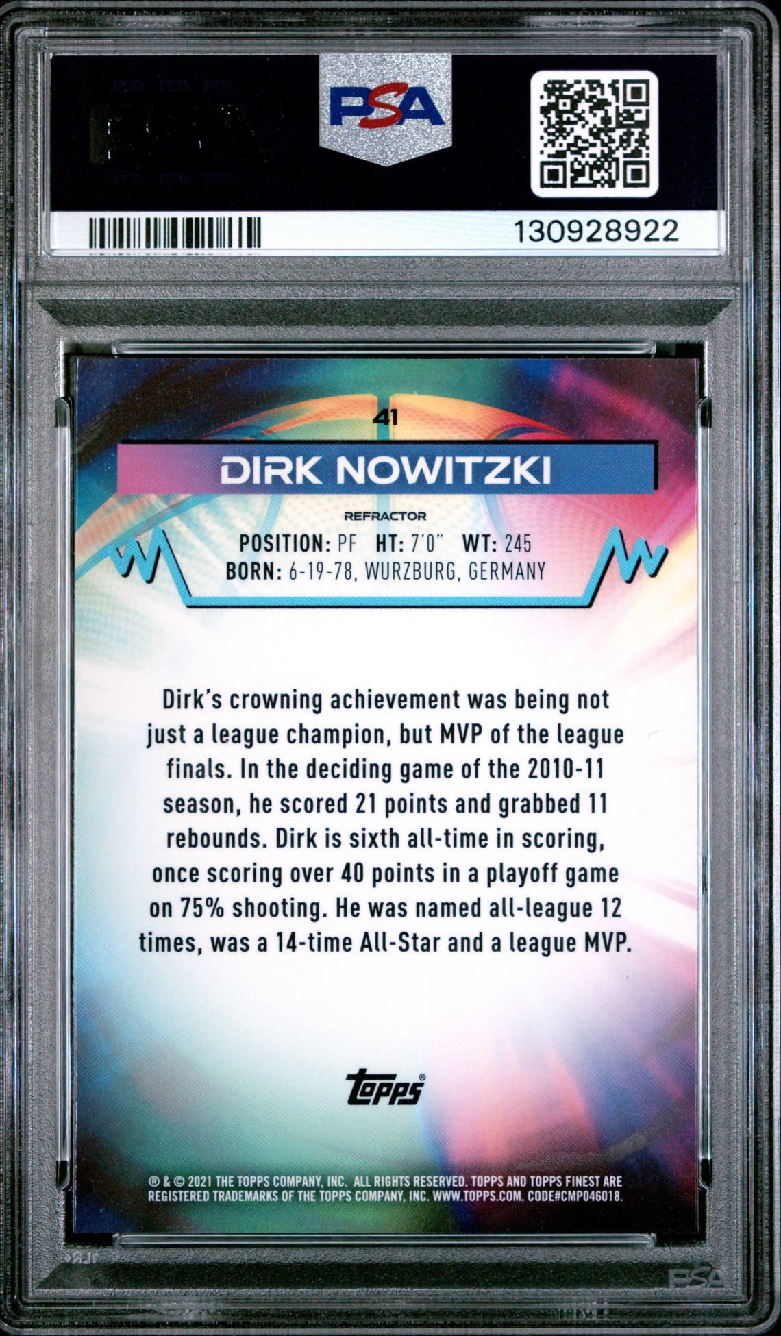 2021 Topps Finest Dirk Nowitzki #41 (Refractor) Mint 9 back