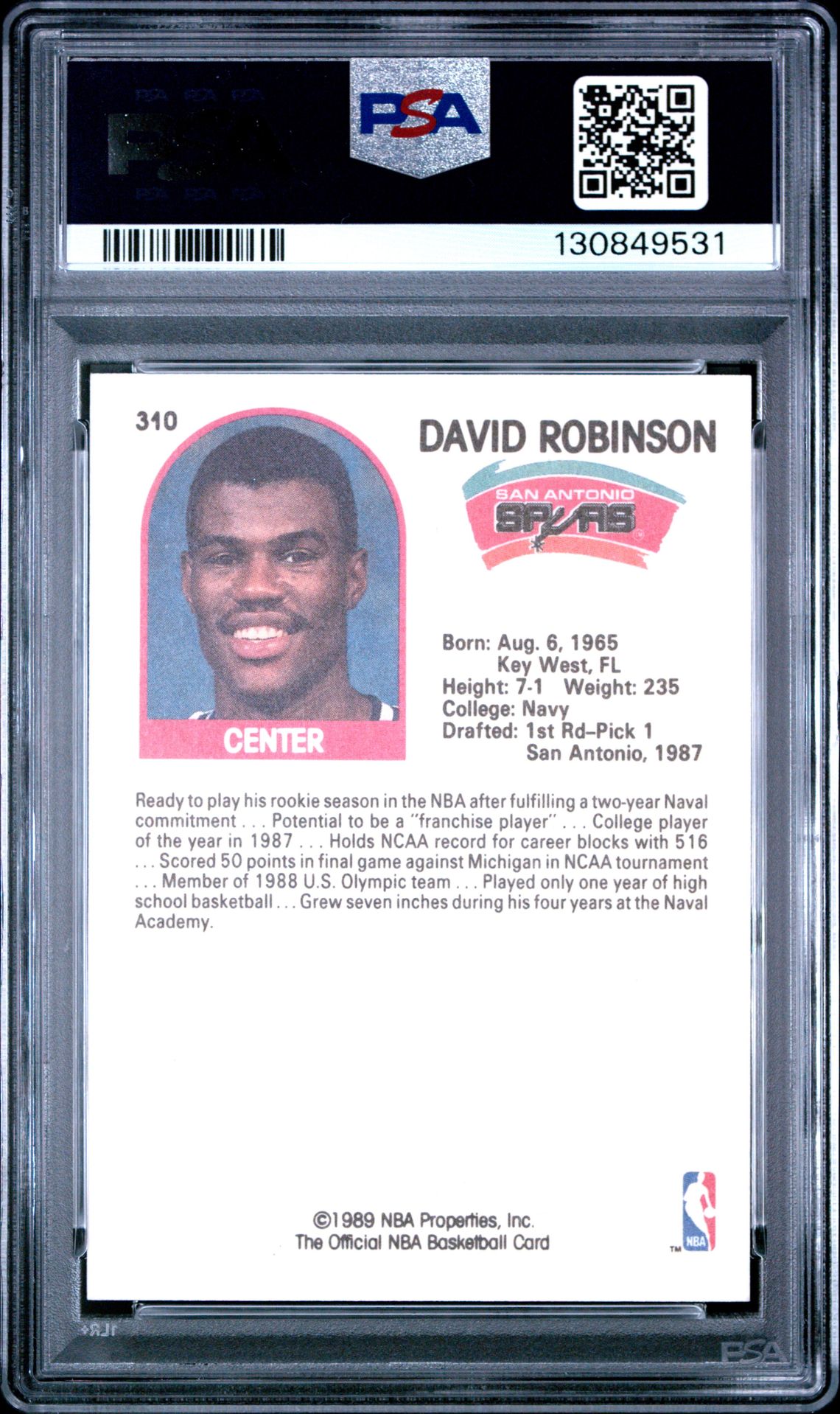 1989 Hoops David Robinson #310 Mint 9 back