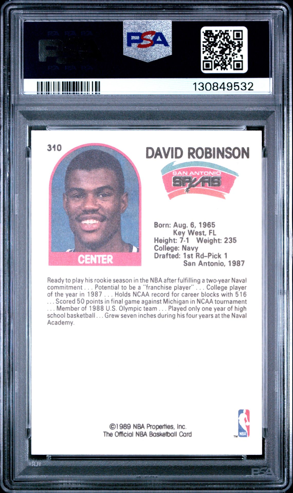 1989 Hoops David Robinson #310 Mint 9 back