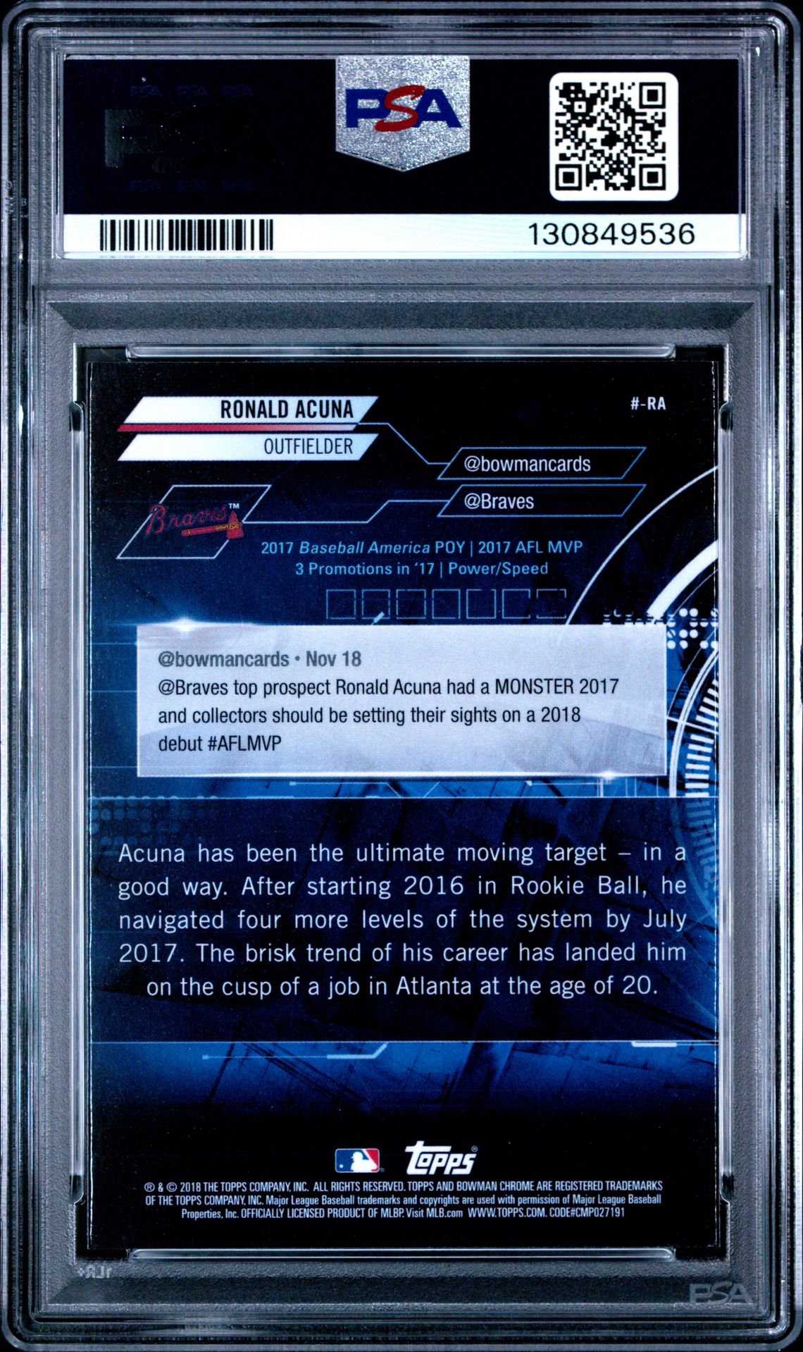 2018 Bowman Trending Chrome Ronald Acuna #Ra (Trending Chrome) Gem Mt 10 back