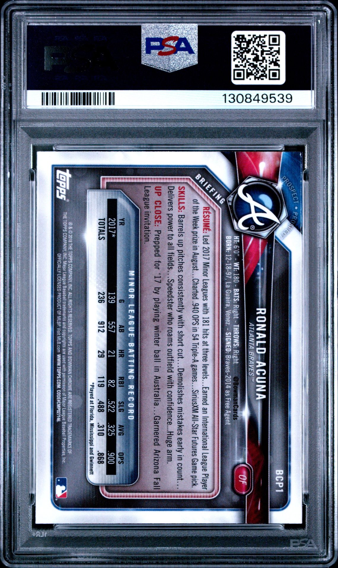 2018 Bowman Prospects Chrome Ronald Acuna #1 (Prospects Chrome) Gem Mt 10 back