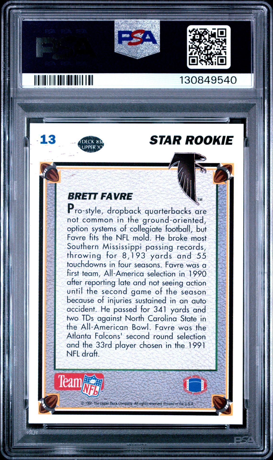 1991 Upper Deck Brett Favre #13 Mint 9 back