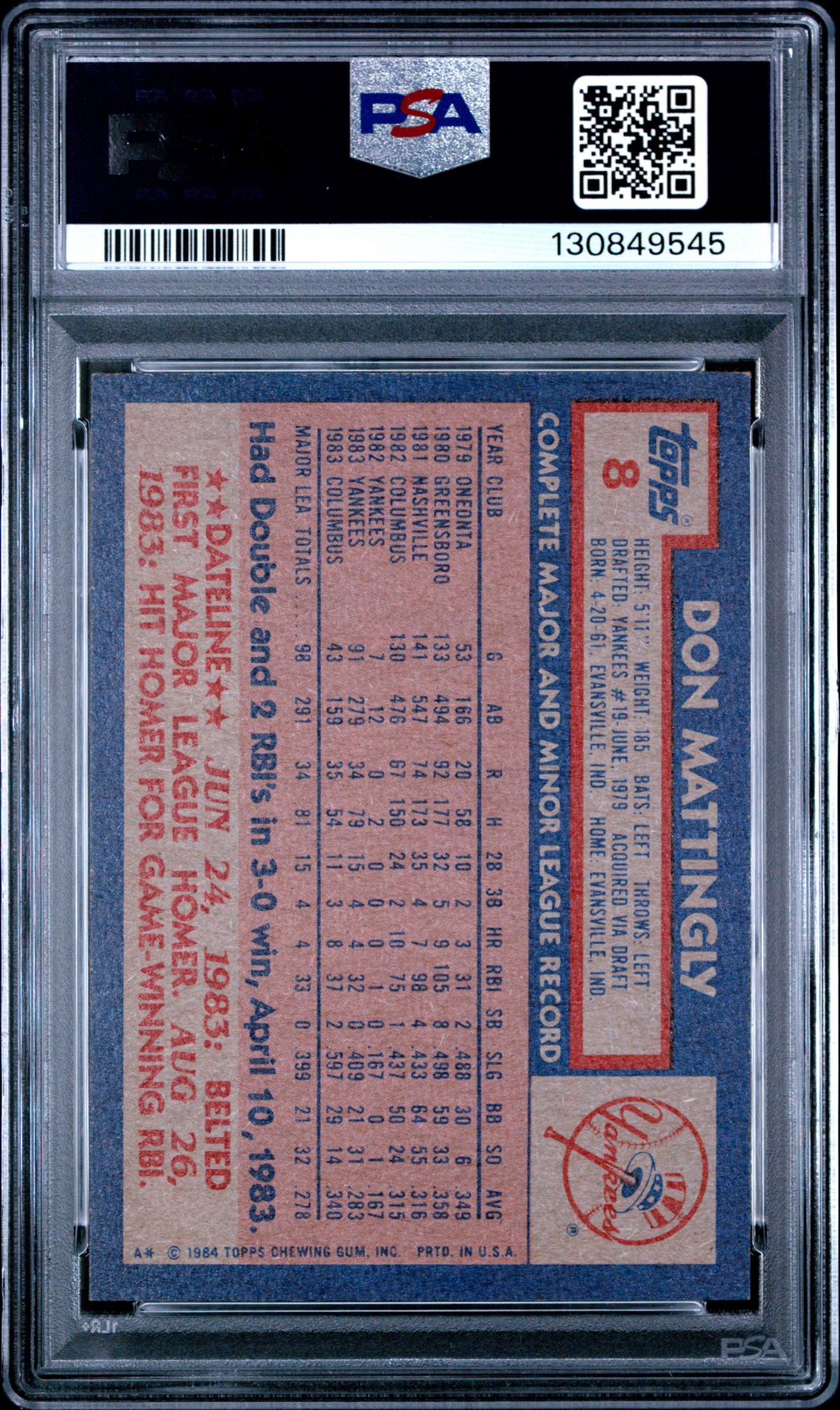 1984 Topps Don Mattingly #8 Nm-Mt 8 back