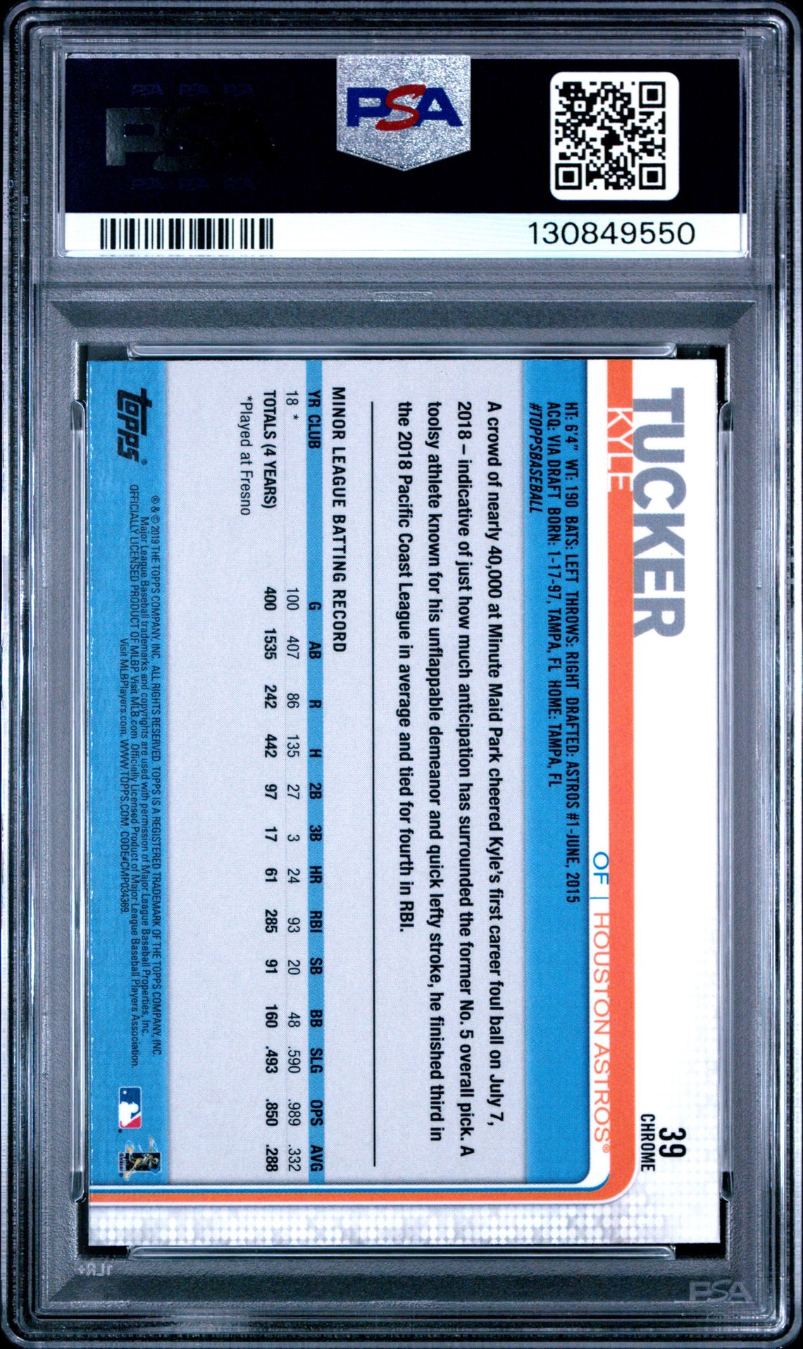 2019 Topps Chrome Kyle Tucker #39 (Running) Gem Mt 10 back